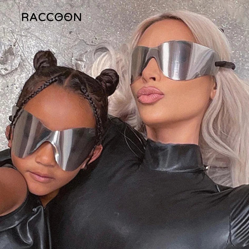 Y2K Futuristic Sunglasses Women Alien Silver Sun Glasses Men Oversized Rimless One Piece Hip Hop Punk Soft Shades Luxury Brand