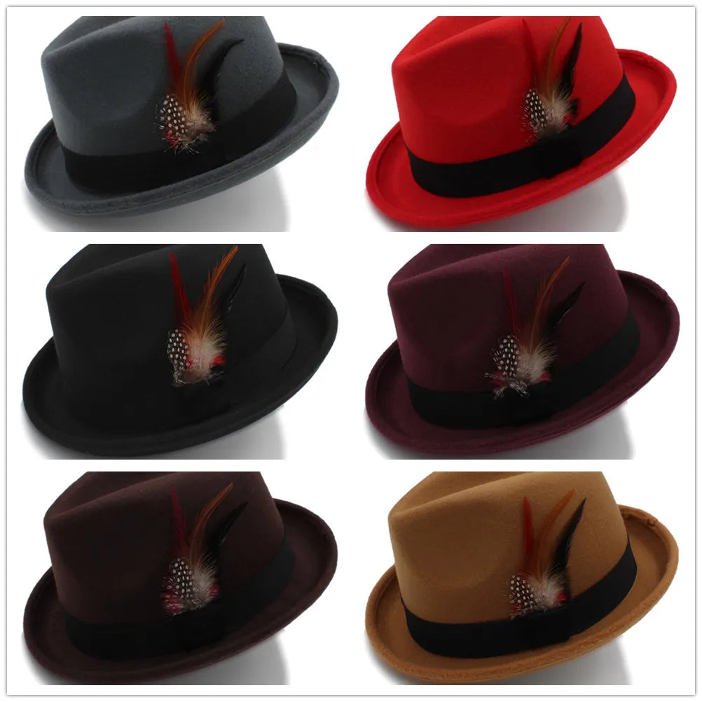 Fashion Women Men'S Feminino Fedora Hat for Lady Winter Autumn Wool Church Roll up Brim Homburg Jazz Hat Feather Hat