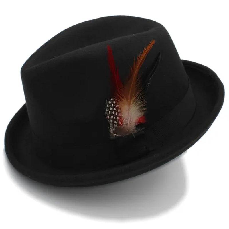 Fashion Women Men'S Feminino Fedora Hat for Lady Winter Autumn Wool Church Roll up Brim Homburg Jazz Hat Feather Hat