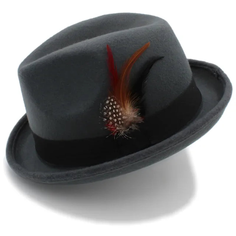 Fashion Women Men'S Feminino Fedora Hat for Lady Winter Autumn Wool Church Roll up Brim Homburg Jazz Hat Feather Hat