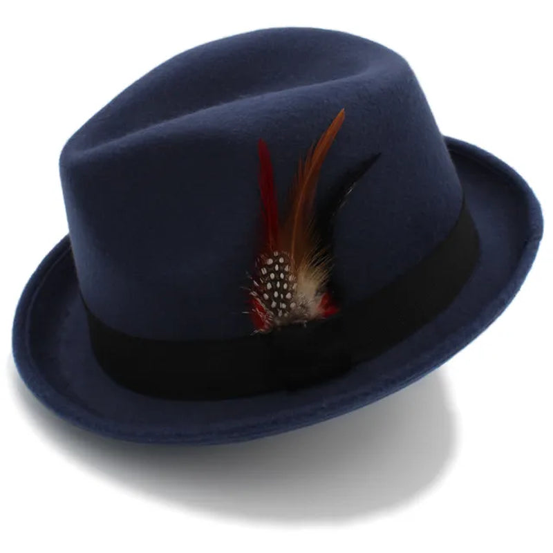 Fashion Women Men'S Feminino Fedora Hat for Lady Winter Autumn Wool Church Roll up Brim Homburg Jazz Hat Feather Hat