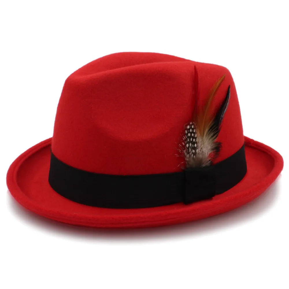 Fashion Women Men'S Feminino Fedora Hat for Lady Winter Autumn Wool Church Roll up Brim Homburg Jazz Hat Feather Hat