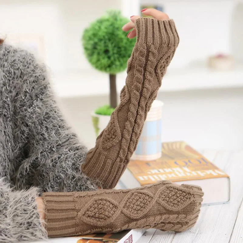 Long Section 30Cm Autumn Winter Ladies Wool Knitting Rhombic Fingerless Sleeve Women Half Finger Warm Exposed Fingers Gloves L89