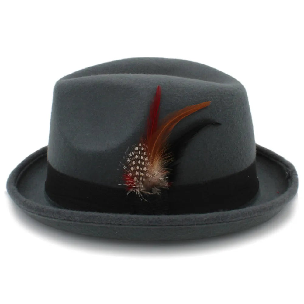 Fashion Women Men'S Feminino Fedora Hat for Lady Winter Autumn Wool Church Roll up Brim Homburg Jazz Hat Feather Hat