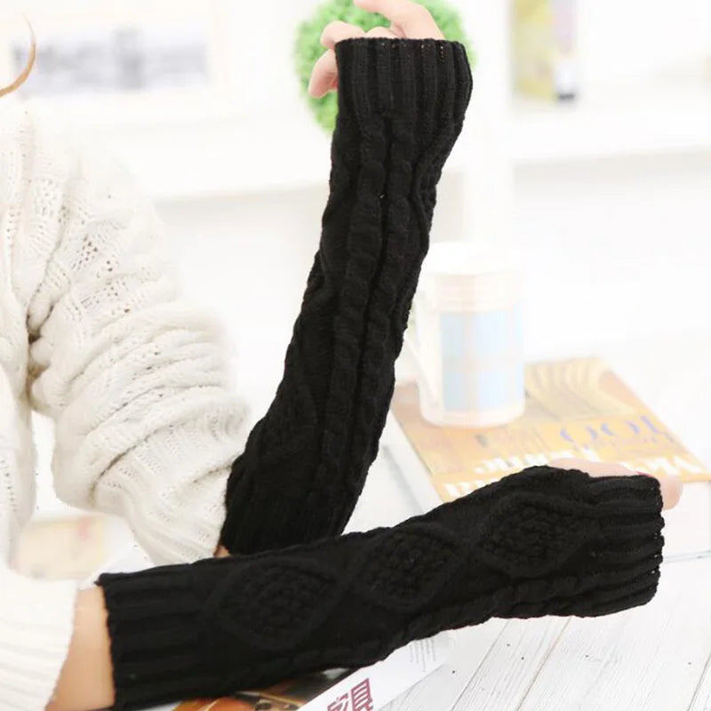 Long Section 30Cm Autumn Winter Ladies Wool Knitting Rhombic Fingerless Sleeve Women Half Finger Warm Exposed Fingers Gloves L89