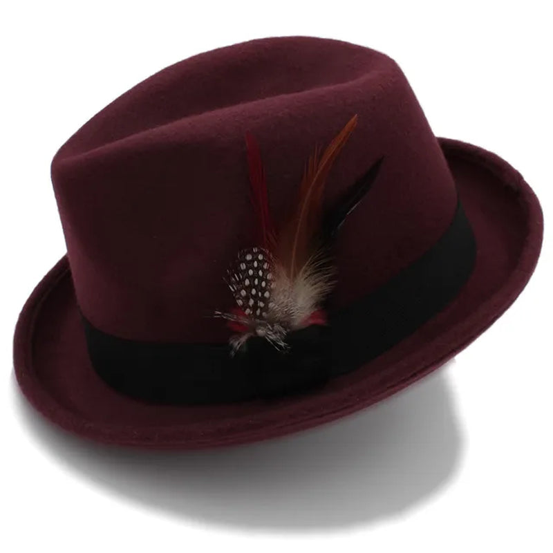 Fashion Women Men'S Feminino Fedora Hat for Lady Winter Autumn Wool Church Roll up Brim Homburg Jazz Hat Feather Hat