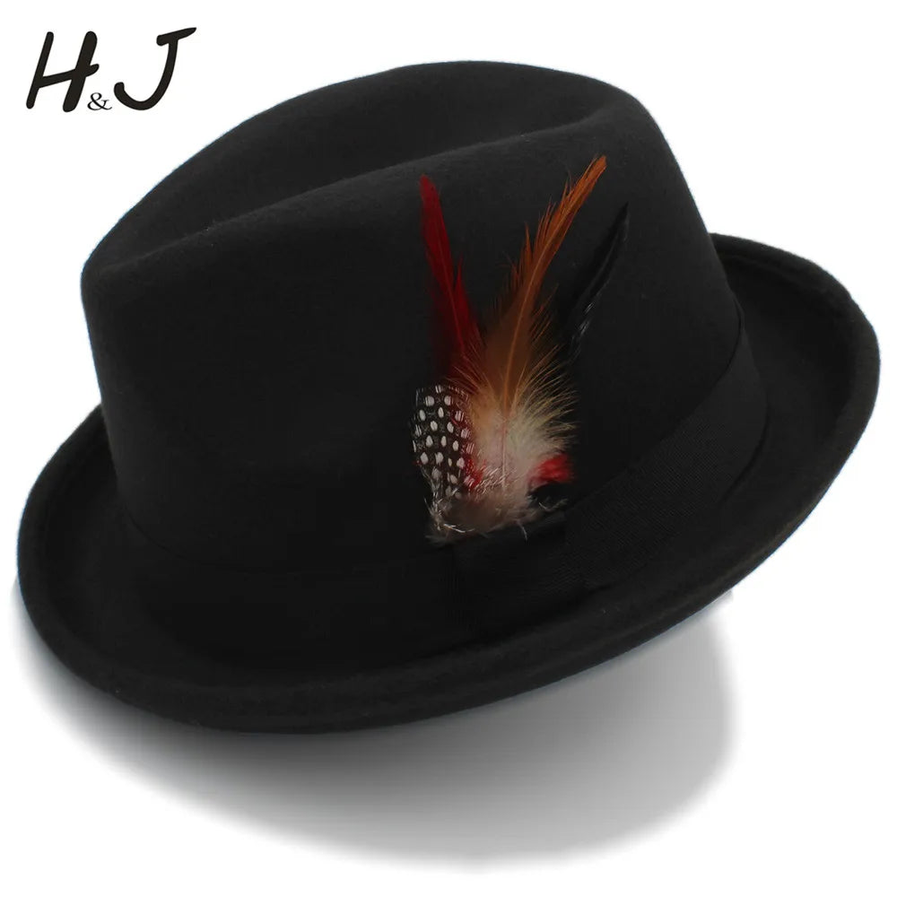 Fashion Women Men'S Feminino Fedora Hat for Lady Winter Autumn Wool Church Roll up Brim Homburg Jazz Hat Feather Hat