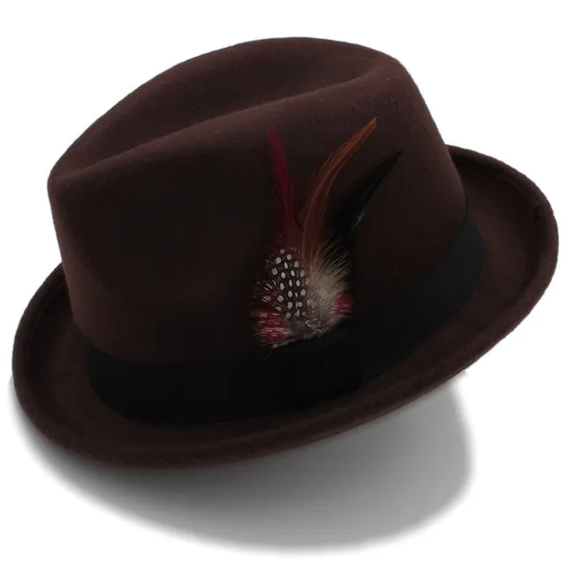 Fashion Women Men'S Feminino Fedora Hat for Lady Winter Autumn Wool Church Roll up Brim Homburg Jazz Hat Feather Hat