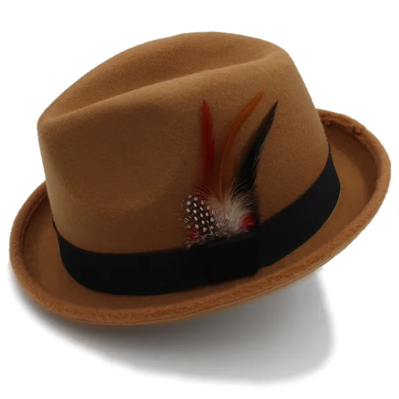 Fashion Women Men'S Feminino Fedora Hat for Lady Winter Autumn Wool Church Roll up Brim Homburg Jazz Hat Feather Hat