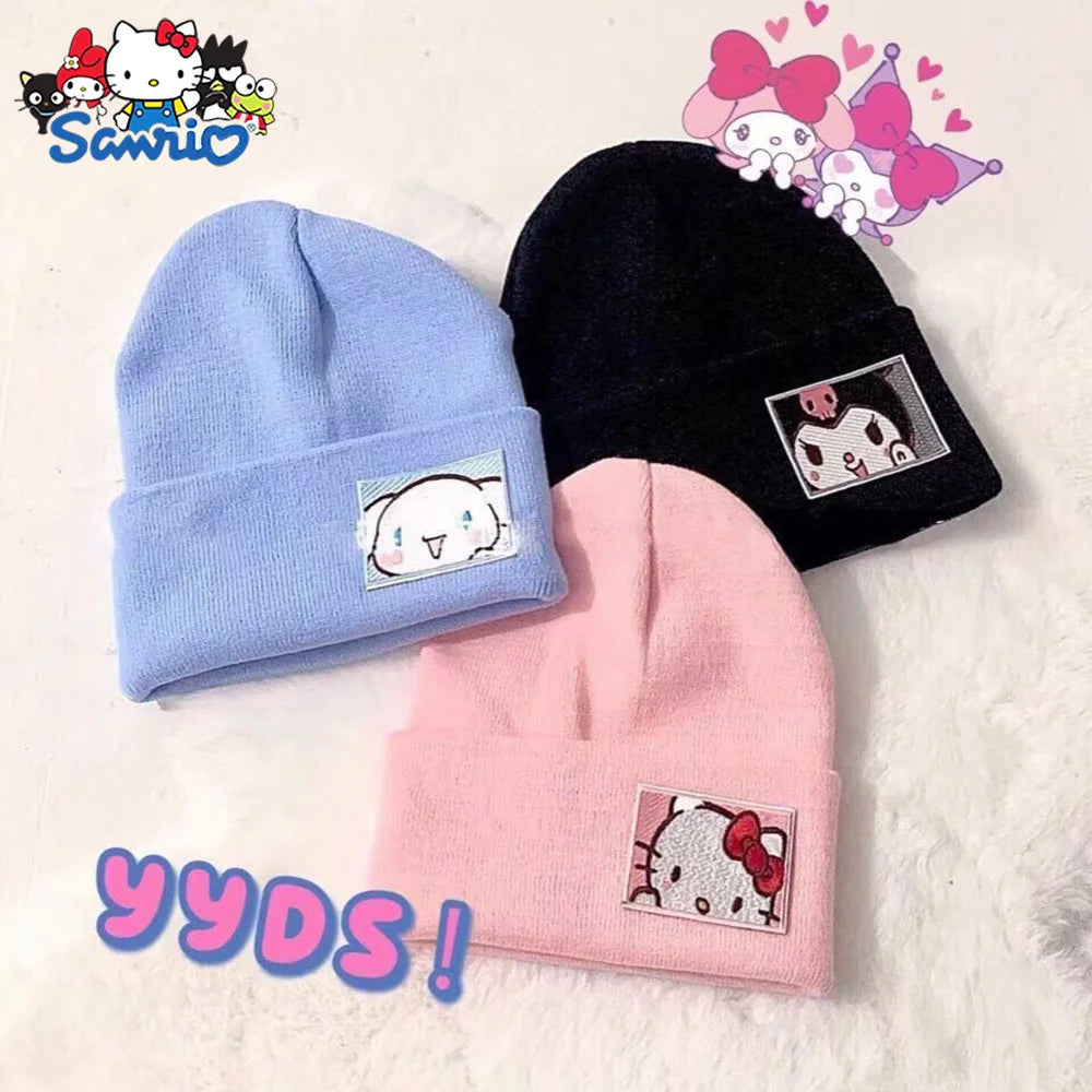 Hello Kitty Kuromi Knitted Hats Melody Cinnamoroll Couple Stuff Beanie Winter Keeps Student Warm Winter Cap Bonnet Female